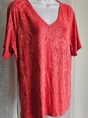 Denim & Co. Knit Raglan Flutter-Sleeve V-Neck Top Deep Papaya Size M NWT